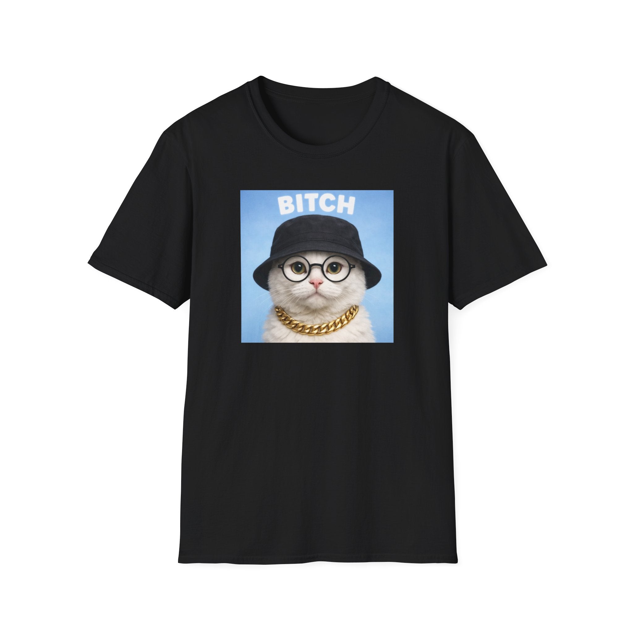 Cat Portrait T-Shirt — 'Bitch' Retro Cat with Bucket Hat & Gold Chain