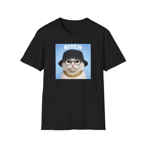 Cat Portrait T-Shirt — 'Bitch' Retro Cat with Bucket Hat & Gold Chain
