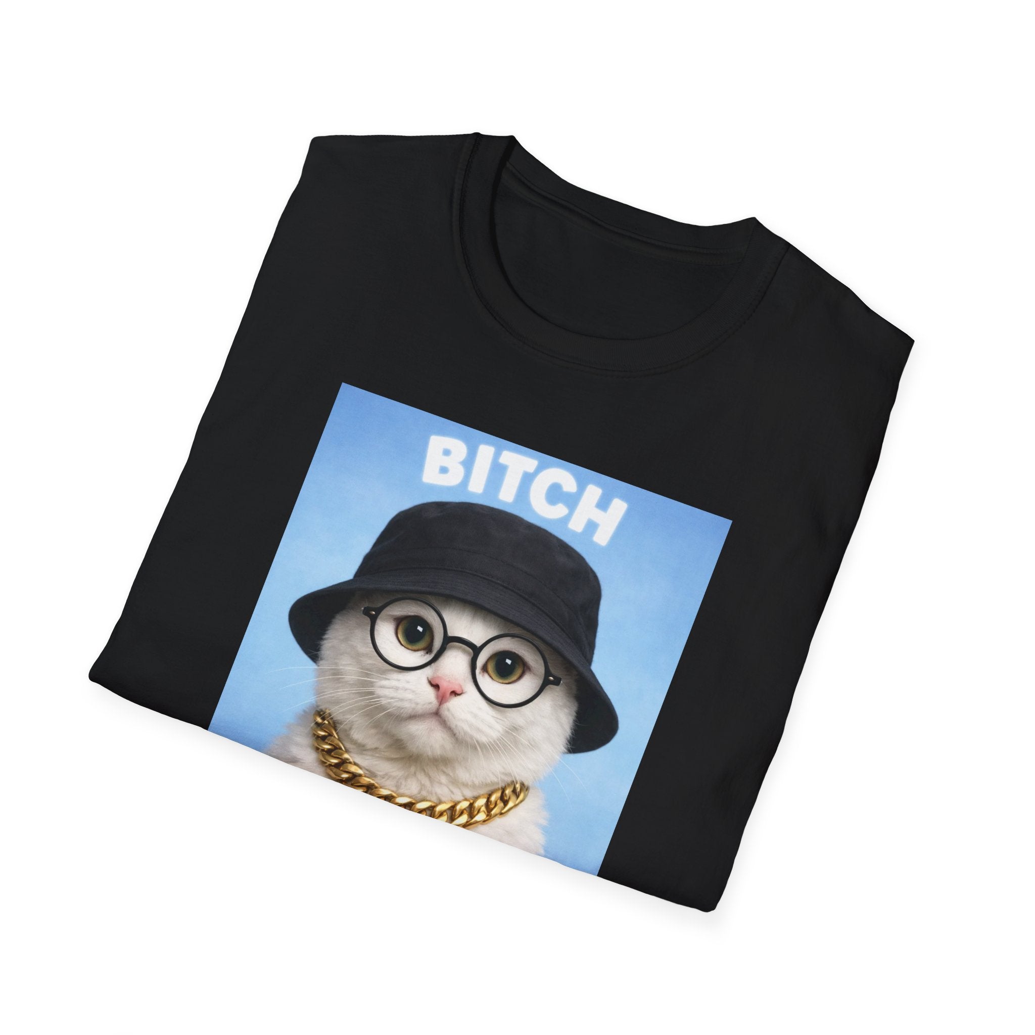 Cat Portrait T-Shirt — 'Bitch' Retro Cat with Bucket Hat & Gold Chain