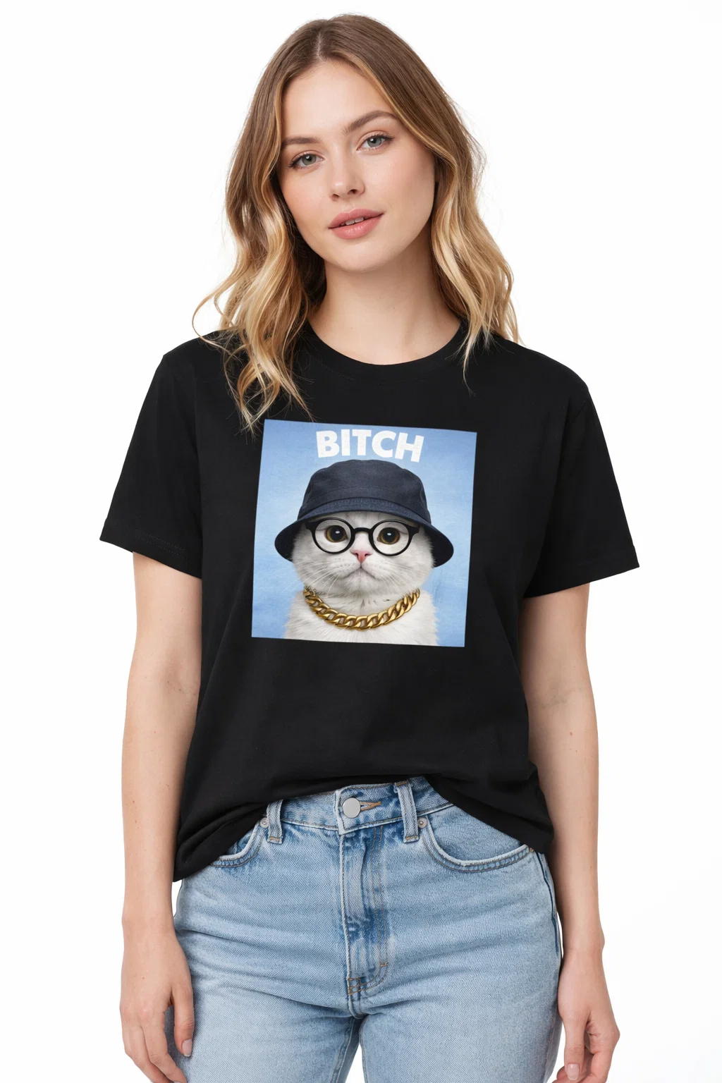 Cat Portrait T-Shirt — 'Bitch' Retro Cat with Bucket Hat & Gold Chain
